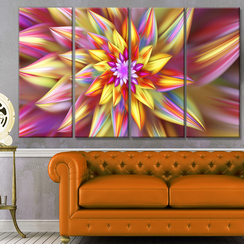 Multi Color Alien Fractal Flower, Floral Canvas Art Print, 48"x28", 4 Panels