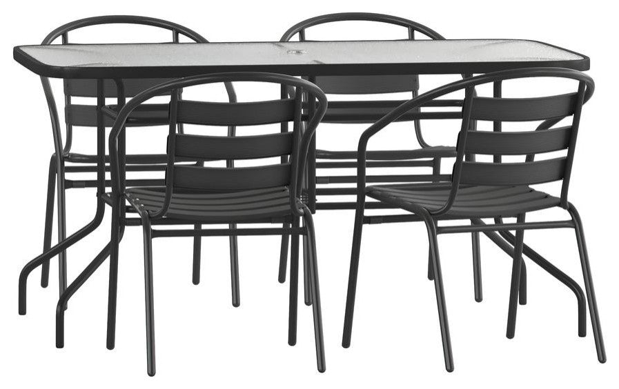 Lila 5 Piece Patio Dining Set 55" Tempered Glass Table 4 Black Stack Chairs