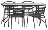 Lila 5 Piece Patio Dining Set 55" Tempered Glass Table 4 Black Stack Chairs