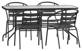 Lila 5 Piece Patio Dining Set 55" Tempered Glass Table 4 Black Stack Chairs