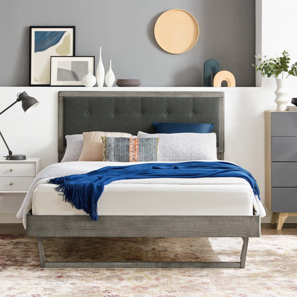 Platform Bed Frame, Queen Size, Fabric, Wood, Gray, Modern Mid-Century