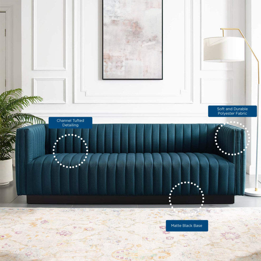 Tufted Sofa, Fabric, Navy Blue, Modern, Living Lounge Hotel Lobby Hospitality