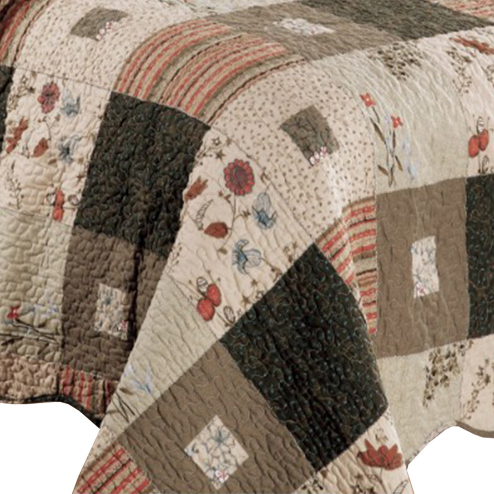 Benzara BM102056 4 Piece Twin Quilt Set, Floral Print/Scalloped Edges, Brown