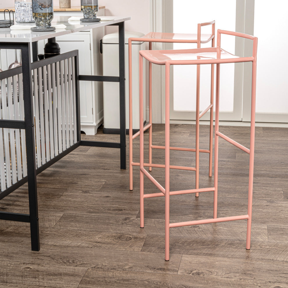 Svelte Coastal Contemporary Iron Saddle-Seat Low-Back Bar Stool With Foot Rest, Pink