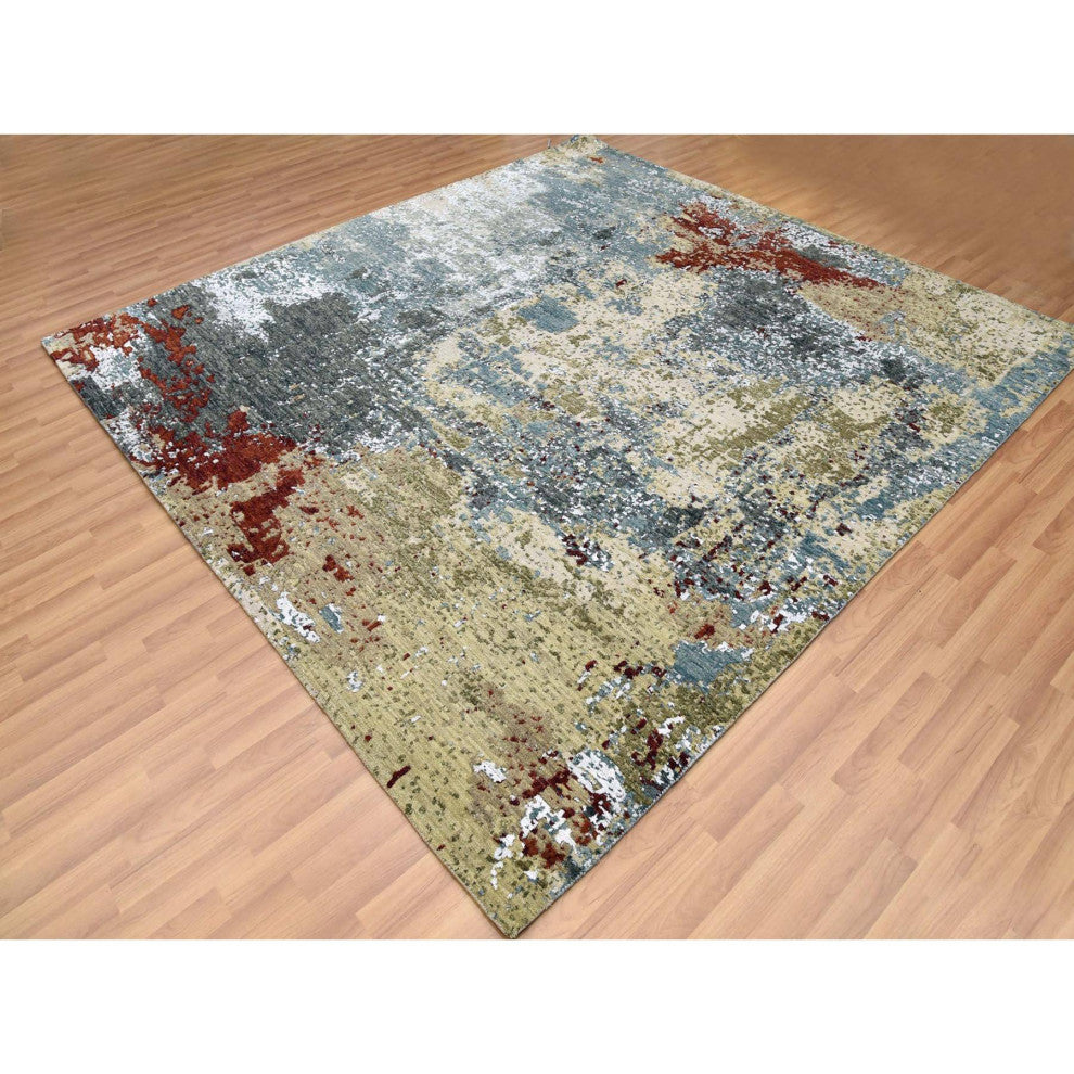 Parchment Color, Hand Knotted Abstract Design, Soft Wool Square Rug, 8'0"x8'5"