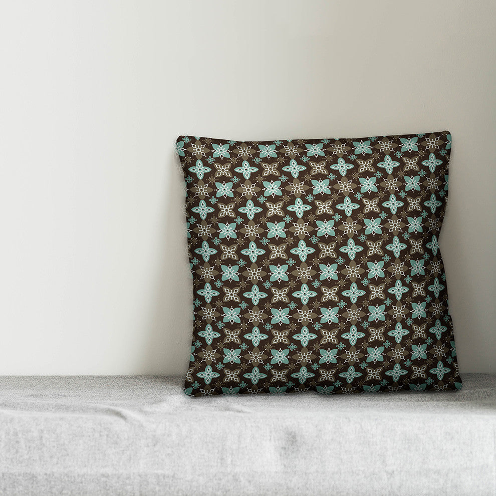 Folk Floral Pattern, Blue and Brown Throw Pillow, 20"x20"