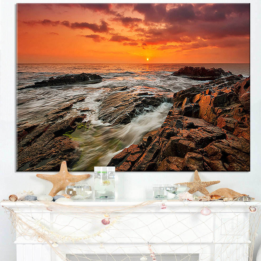 "Stormy Waves Rushing Into Rocks" Beach Canvas Wall Art, 32"x16"