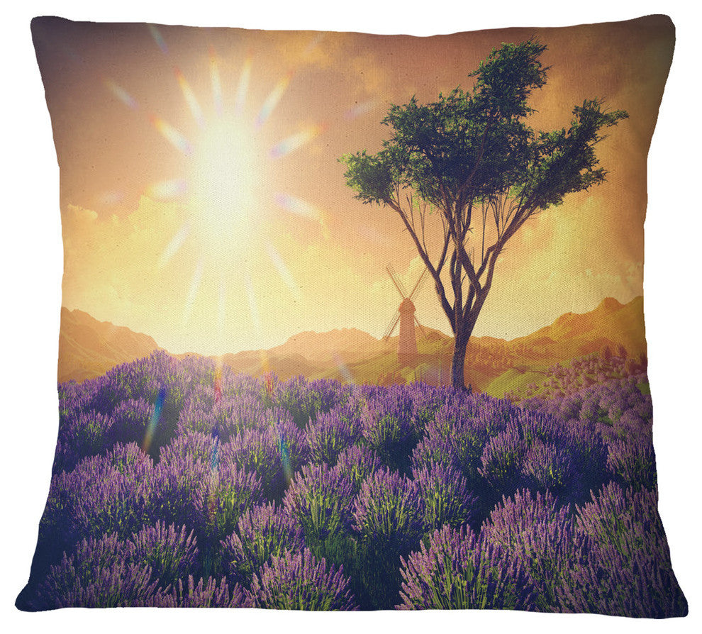 Lavender Field With Solitary Tree Landscape Printed Throw Pillow, 16"x16"