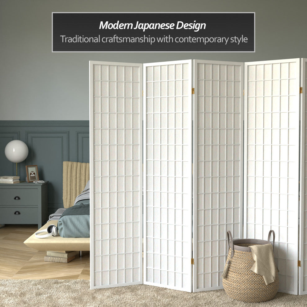 6' Tall Window Pane Shoji Screen, White, 8 Panels