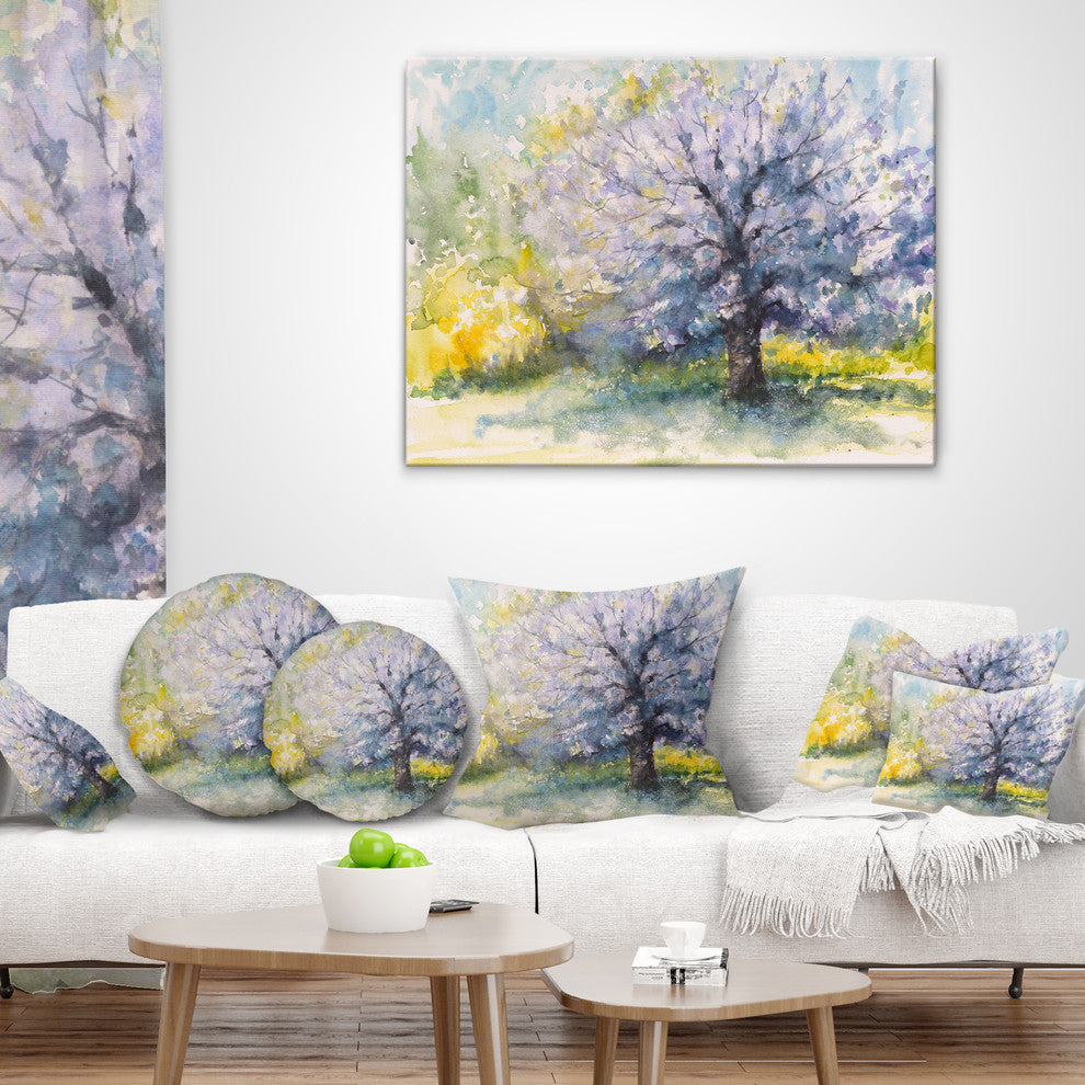 Blooming Cherry Tree Watercolor Floral Throw Pillow, 16"x16"