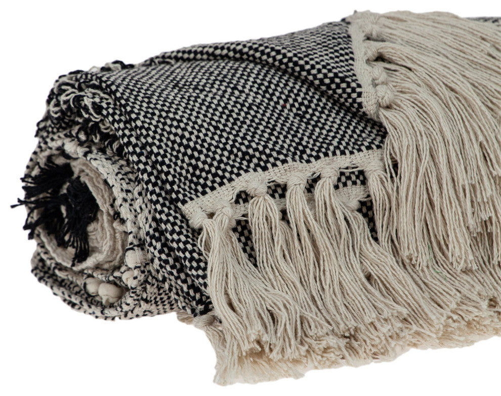 Boho Beige and Black Handloom Weave Throw With Decorative Tassels