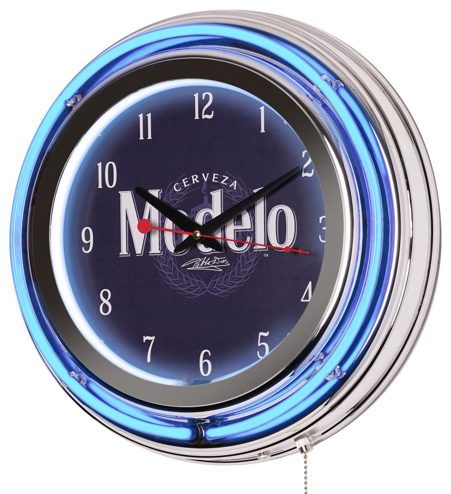 Modelo Retro Round Neon Wall Analog Clock with Pull Chain - 14.5"