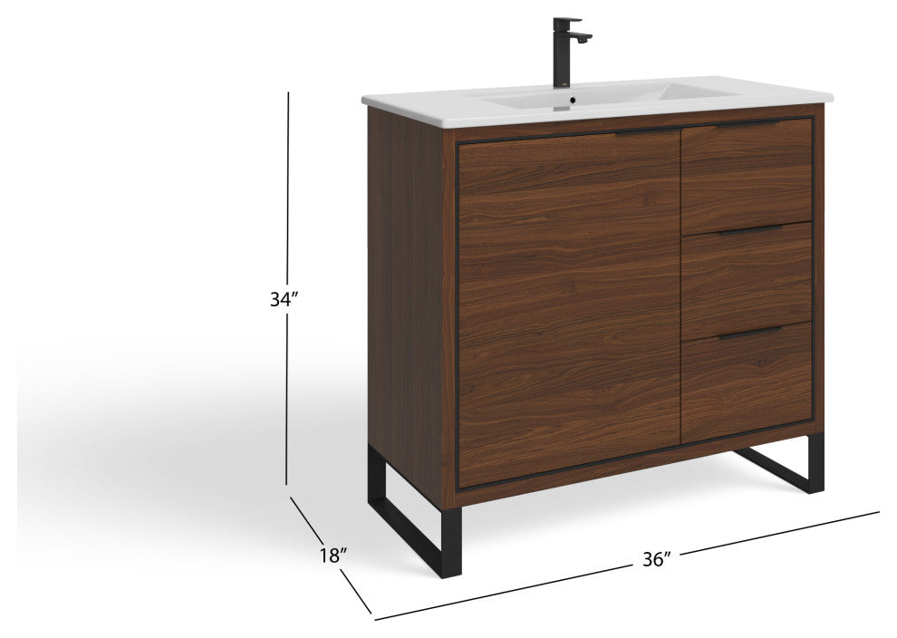 Bradford Bath Vanity, Walnut, 36", Black Hardware, Single Sink, Freestanding