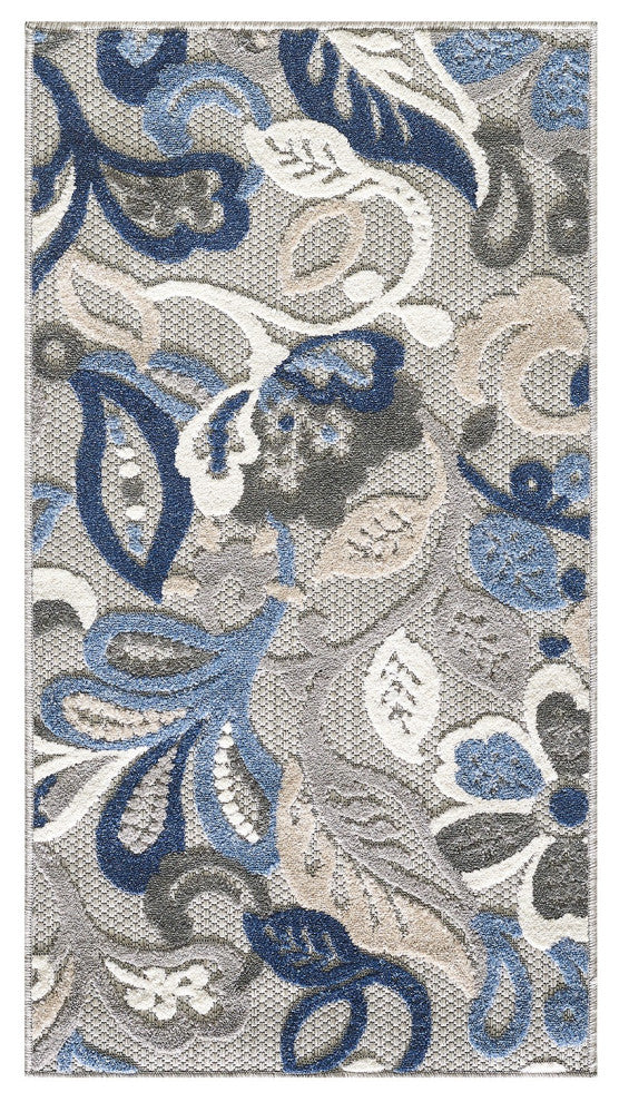 8" Round Blue Gray Jacobean Floral Indoor Outdoor Area Rug