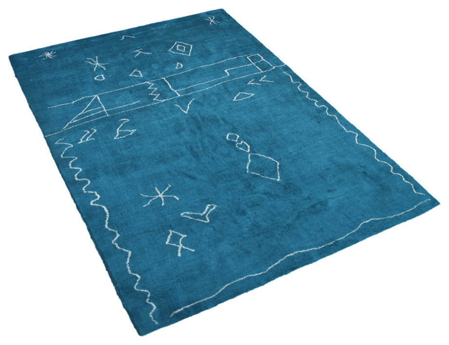 HAND KNOTTED LOOM SILK AREA RUGS-9'x12',Rectangle,Blue White,Contemporary