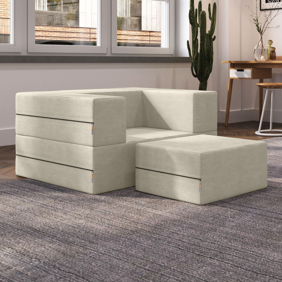 Jaxx Zipline Convertible Sleeper Chair & Ottoman / Twin-Size Bed, Ivory