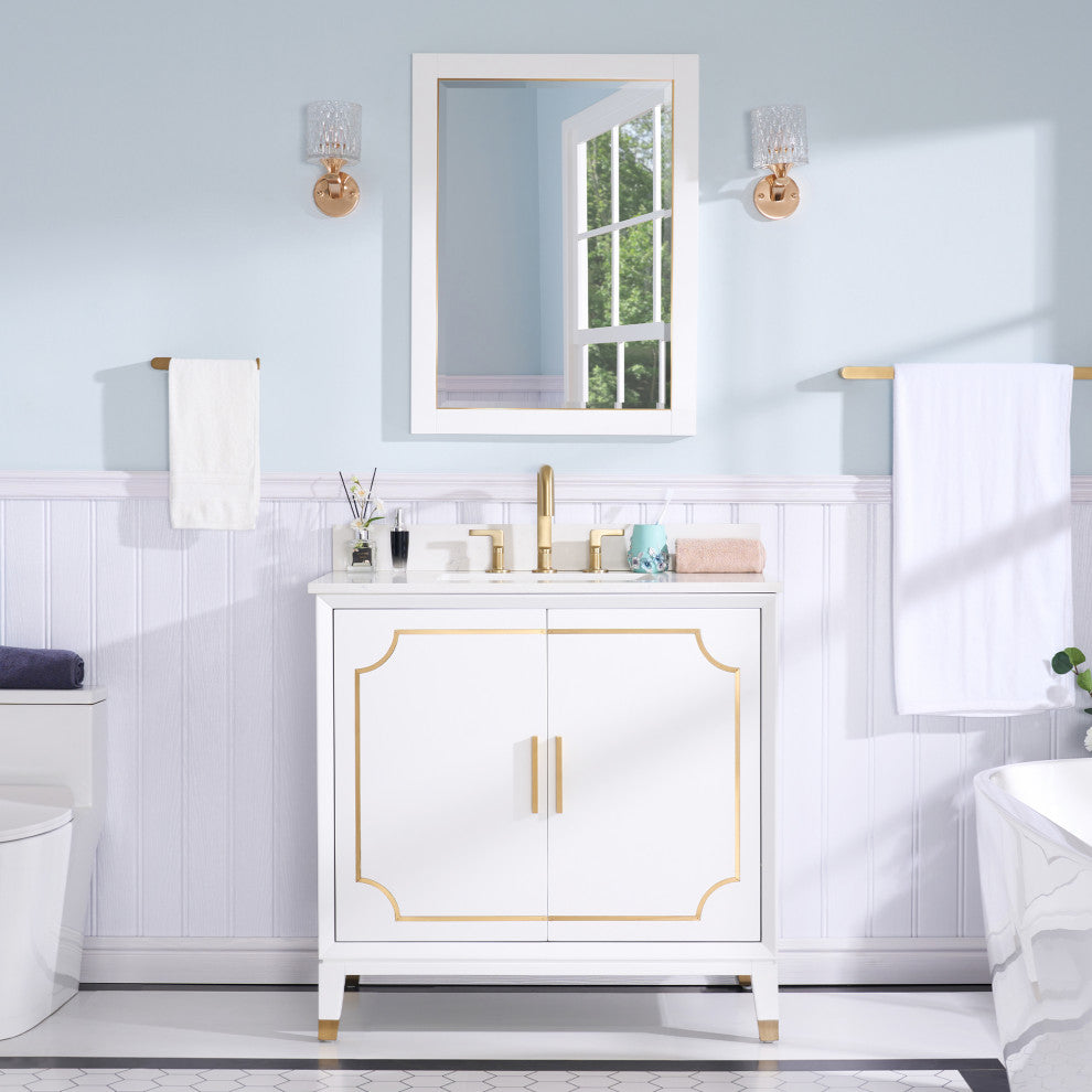 Melody Freestanding Bathroom Vanity with Wall Vanity Mirror and Quartz Top, White, 36"