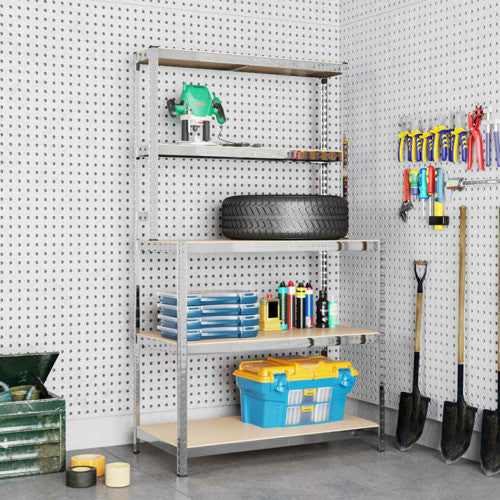 vidaXL Work Table Storage Rack with Shelves Silver Steel and Engineered Wood