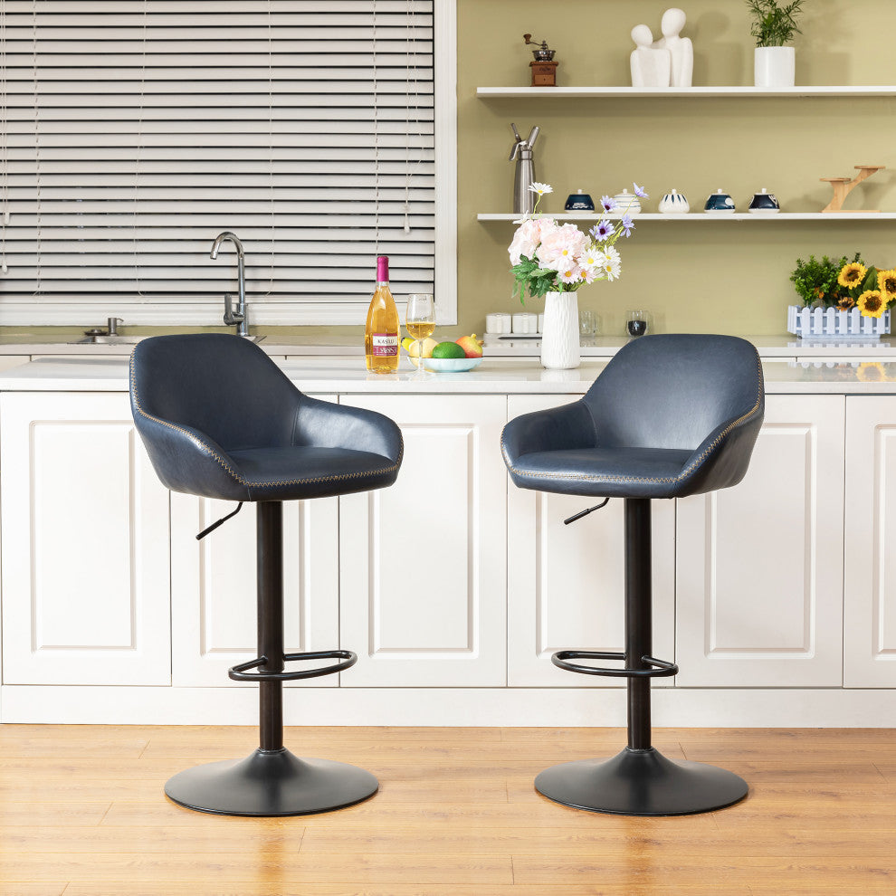 Vintage Navy Blue Leatherette Gaslift Adjustable Swivel Bar Stool, Set of 2