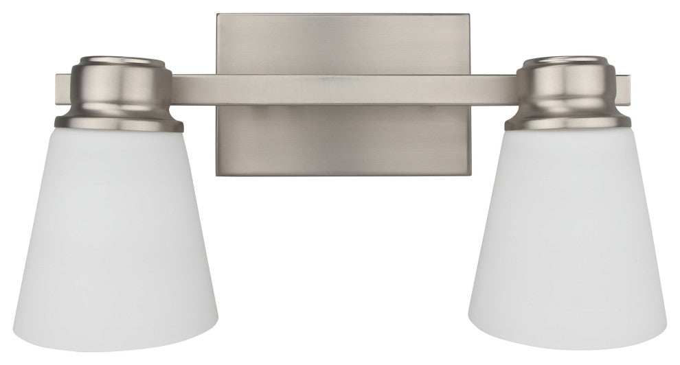 Jordan 2-Light Vanity Light, Satin Nickel With Frosted White Glass Shades