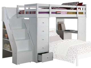 ACME Freya Solid Wood Storage Loft Bed with Bookshelf Ladder in White