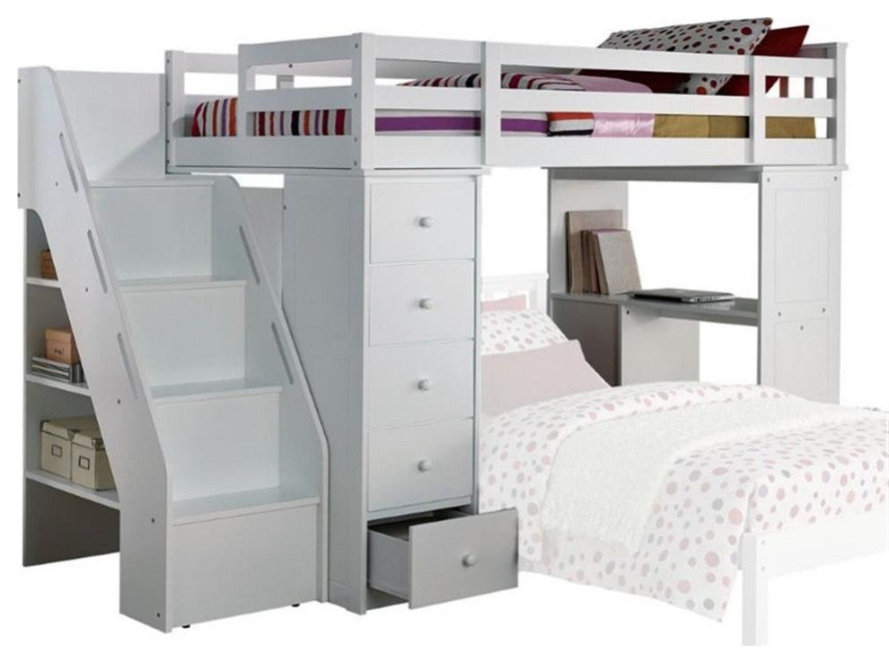 ACME Freya Solid Wood Storage Loft Bed with Bookshelf Ladder in White