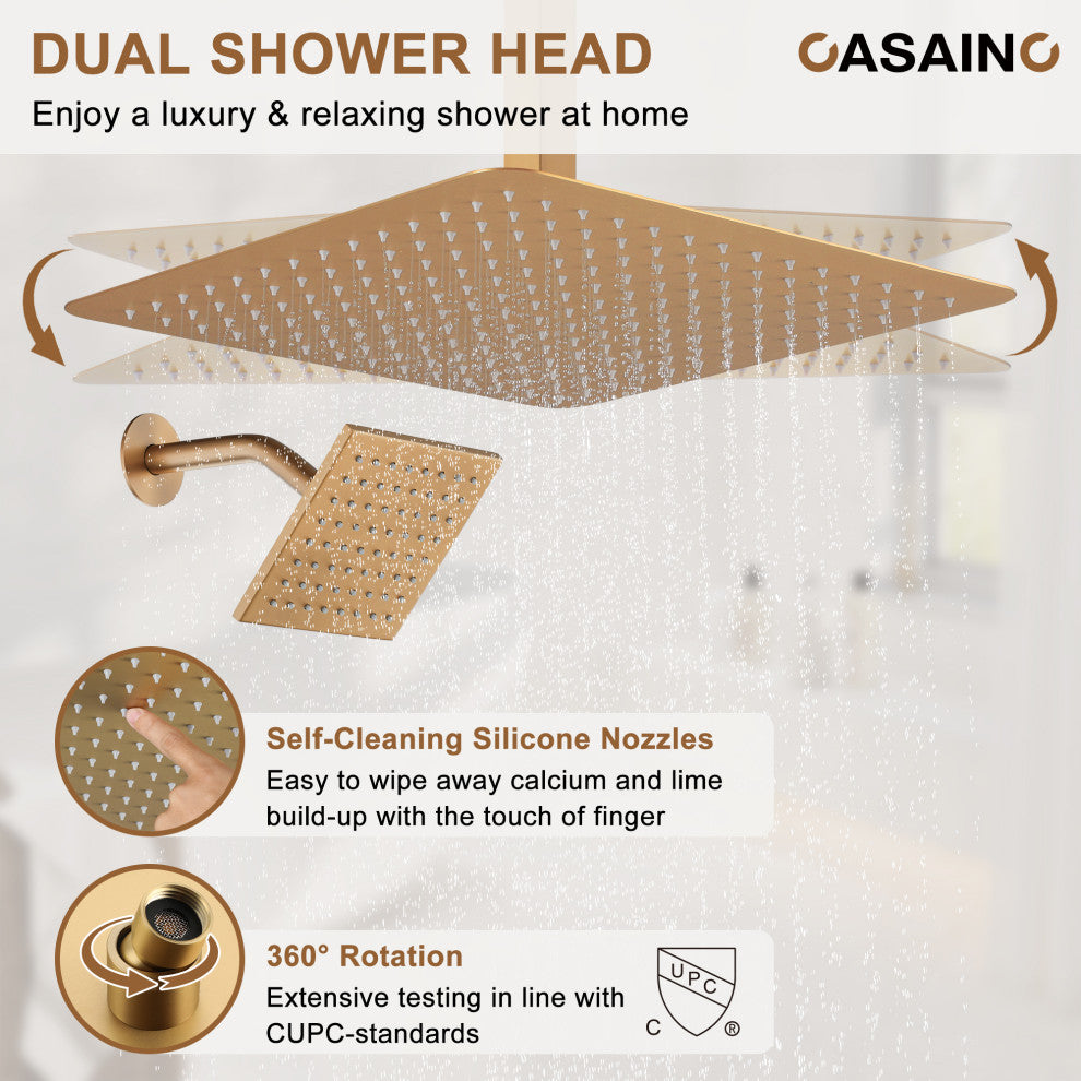 16inch Deluxe Showerhead Dual Shower Head System With Slide Bar and 6 Body Jets, Brushed Gold
