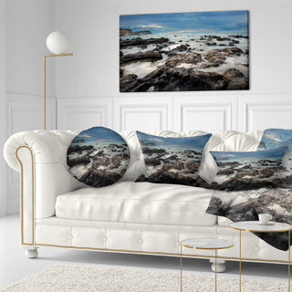 Rocky Seashore With Blue Sky Over Seashore Throw Pillow, 12"x20"