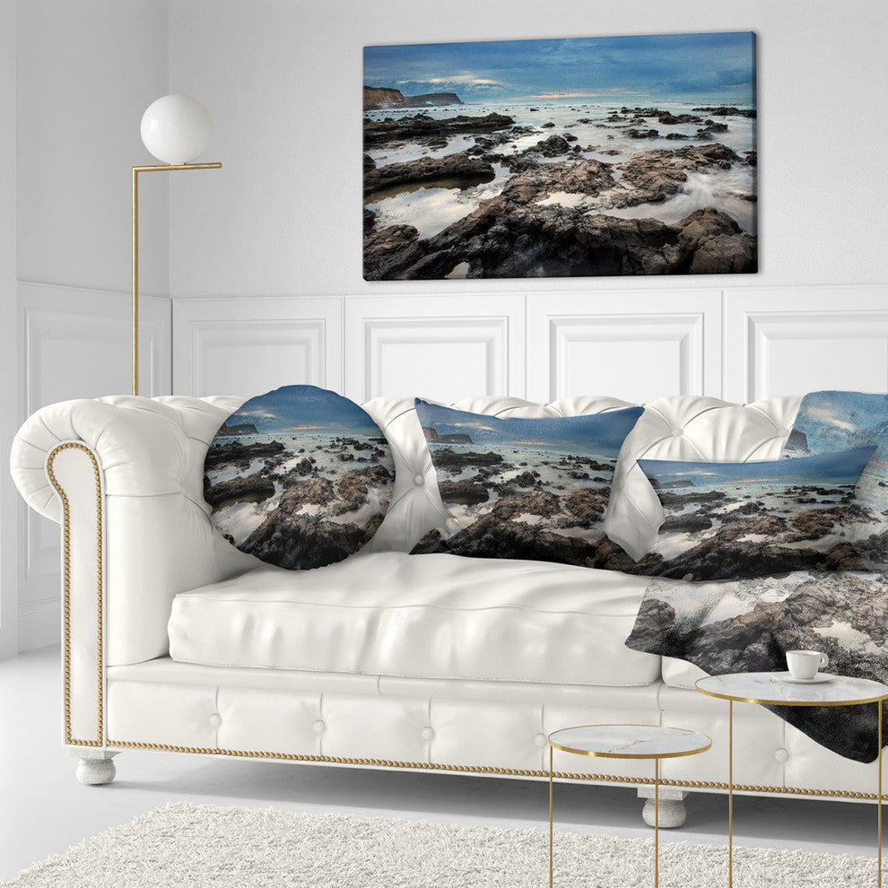 Rocky Seashore With Blue Sky Over Seashore Throw Pillow, 12"x20"
