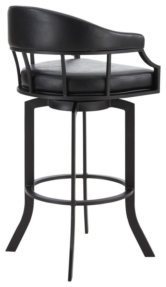 Pharaoh Swivel Black Powder Coated and Black Faux Leather Metal Bar Stool, 26"