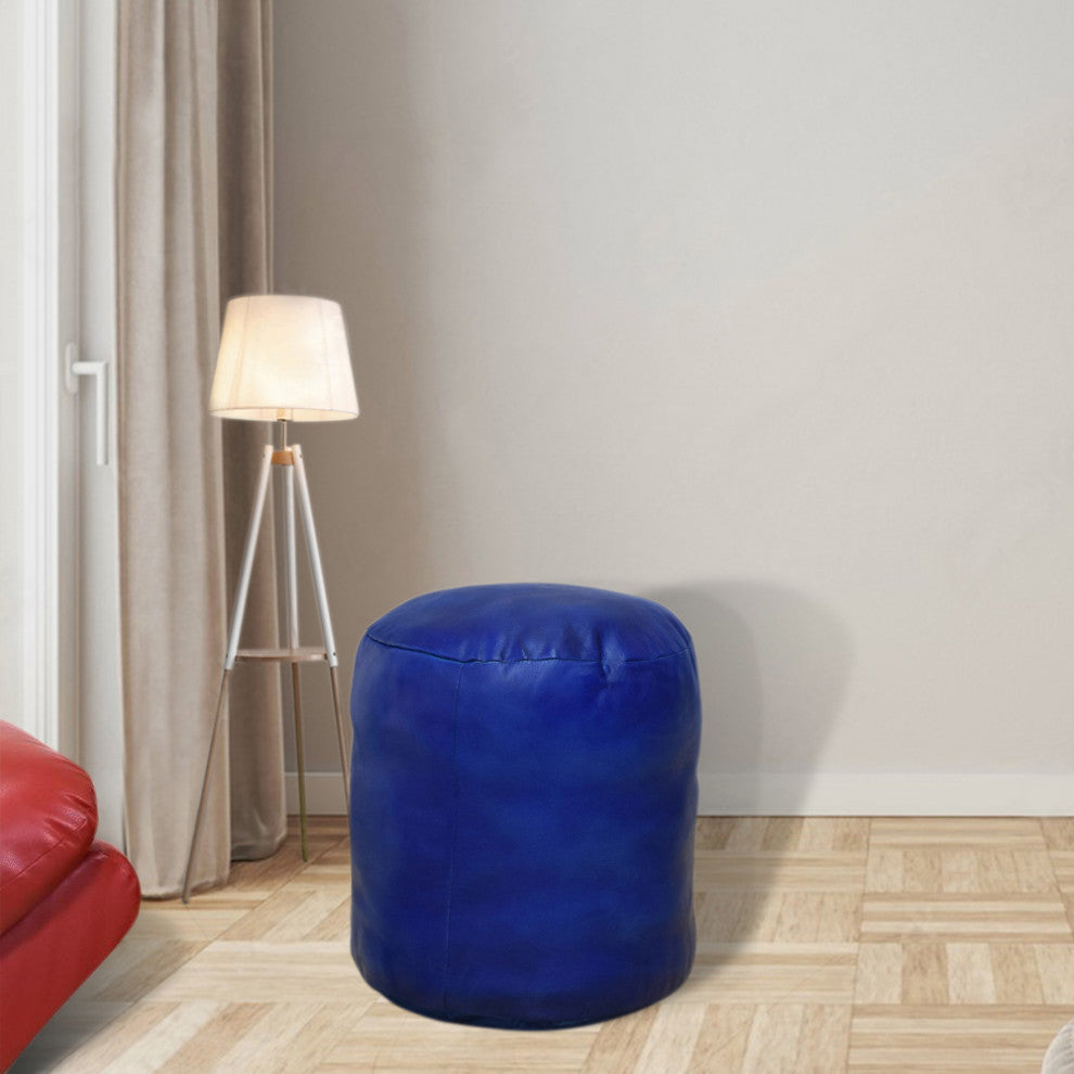 Pouf-Solid Handmade Leather Pouf (Recycled Foam with Fiber Fill), Blue, [Round)16x16x16