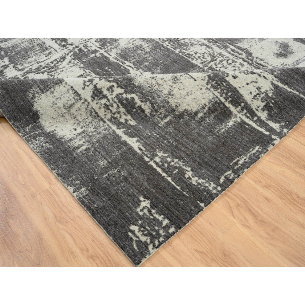 Black, Modern Design, Wool and Silk, Hand Loomed, Oversized, Rug, 12'0" x 15'0"