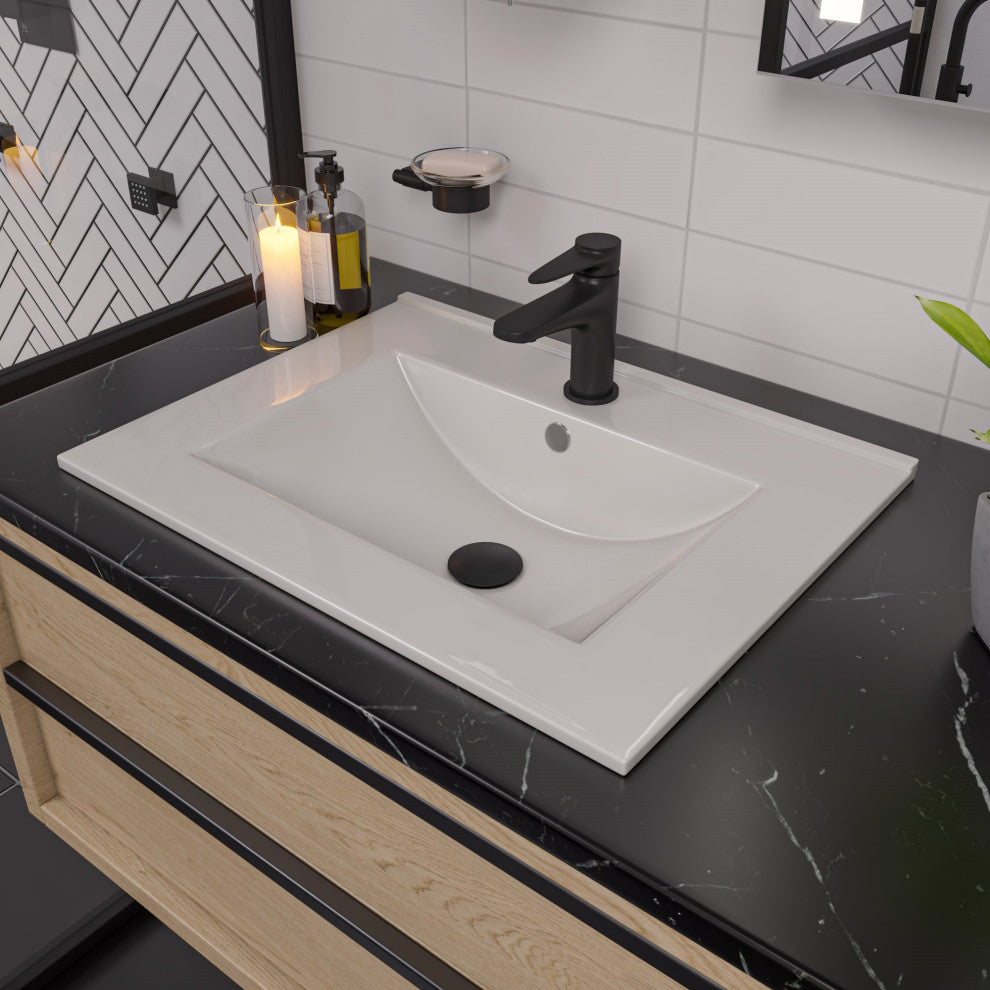 Alfi Brand Abc803 White 25" Rectangular Drop In Ceramic Sink With Faucet Hole