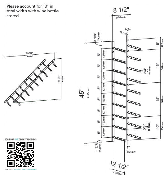 Vino Pins Flex 45 (wall mounted metal wine rack), Matte Black, 27 Bottles