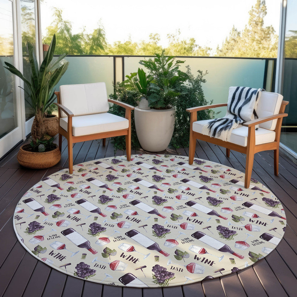 Indoor/Outdoor Kendall KE14 Putty Machine Washable 8' x 8' Round Rug
