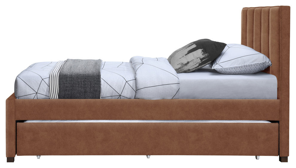Hudson Beige Faux Leather Twin Trundle Bed, Cognac