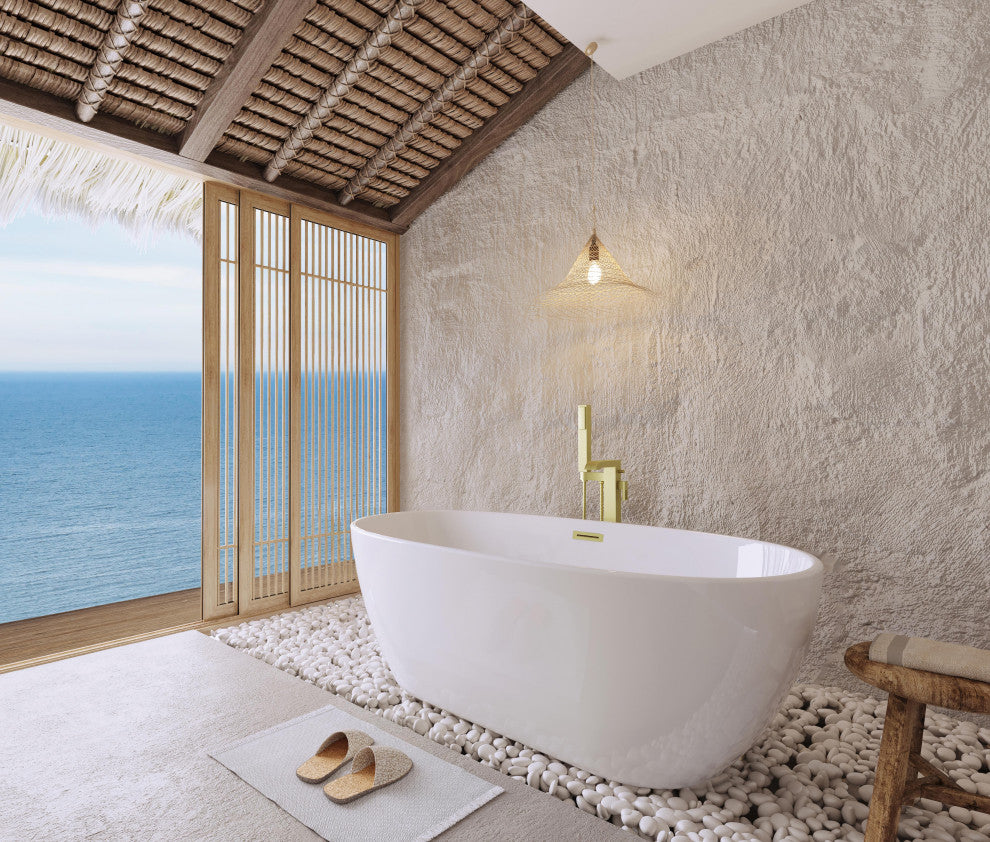 Aaron 59" Soaking Bathtub, Glossy White With Brushed Gold Trim