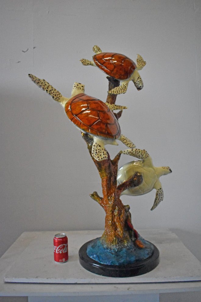 Three Turtles with Coral Bronze Statue - Size: 32"L x 32"W x 41"H.
