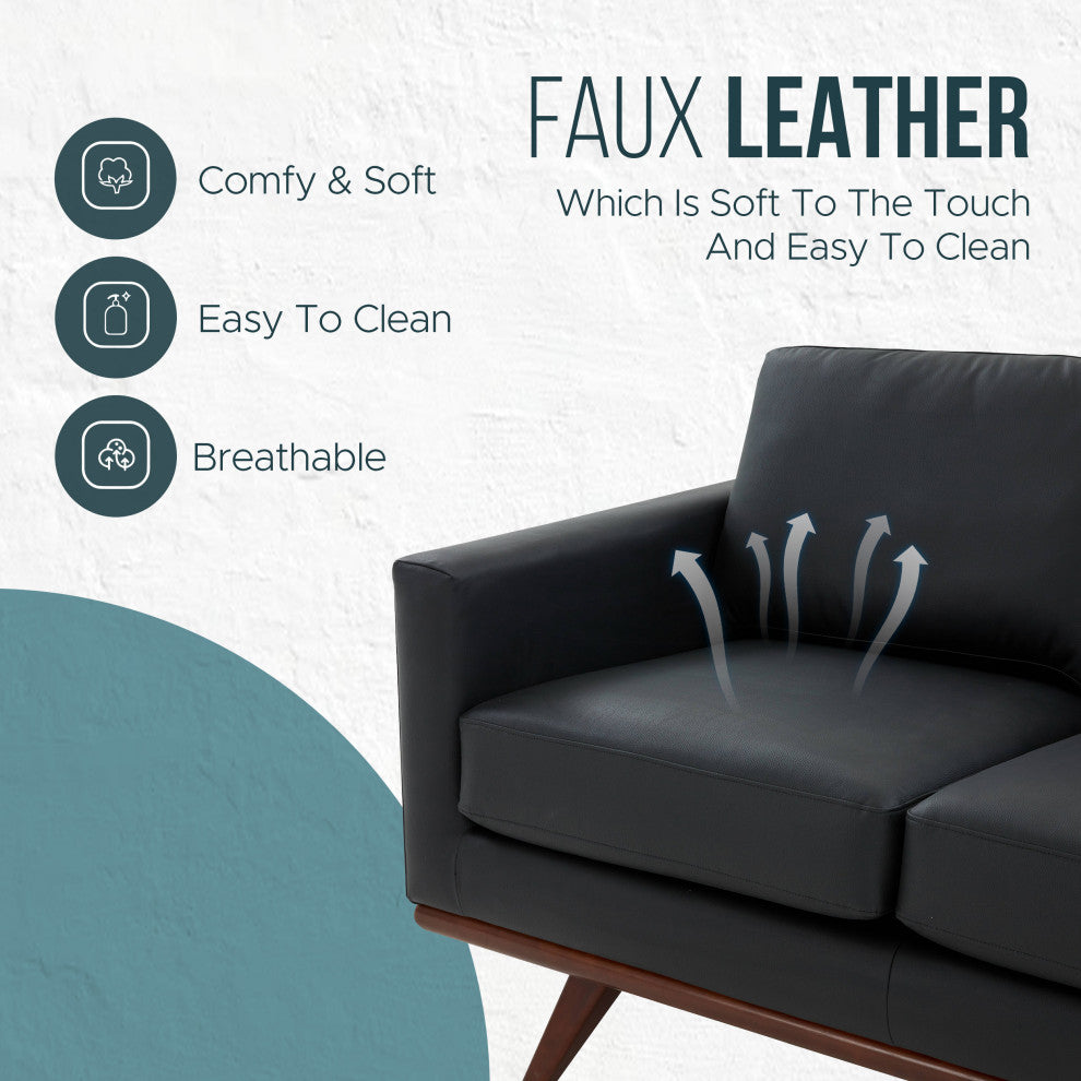 LeisureMod Chester Modern Leather Loveseat With Birch Wood Base, Black