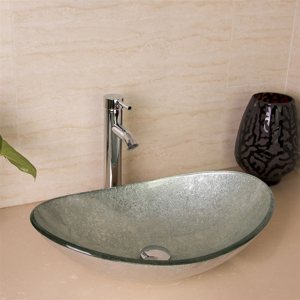 Tuscany Oval Bathroom Glass Sink With Chrome Faucet and Drain