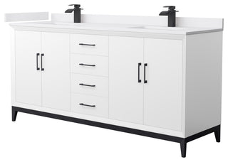 Amici 72" White Double Vanity, White Cultured Marble Top, Matte Black Trim