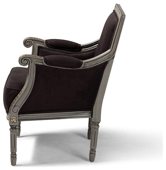 Georgette French Inspired Brown Velvet Gray Armchair With Goldleaf Detailing