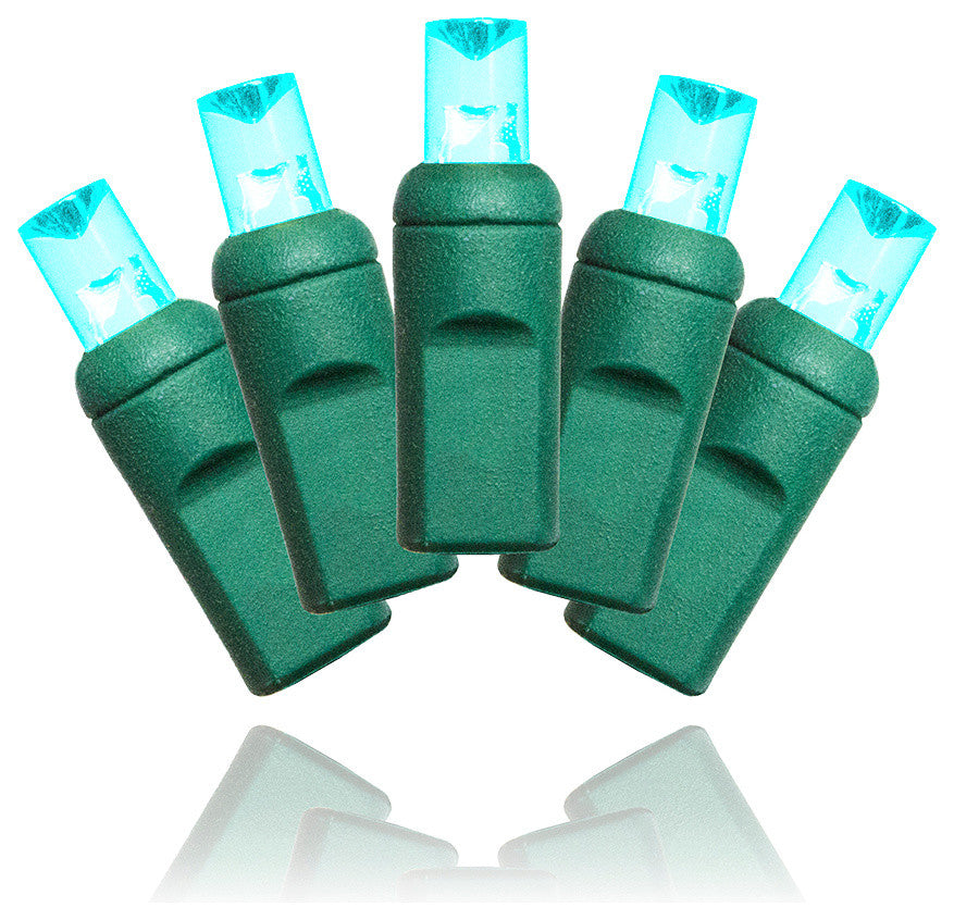 70 5Mm Teal Lights 4" Spacing On Green Wire