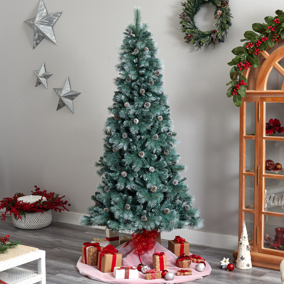 8' Frosted Tip British Columbia Mountain Pine Faux Xmas Tree W/Lights & Pinecone