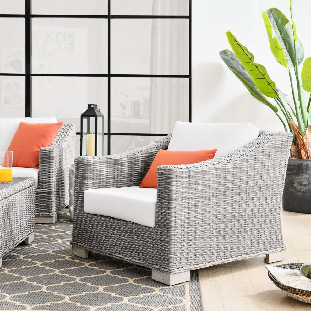 Side Chair Armchair, Rattan, Wicker, Gray White, Modern, Outdoor Patio Cafe