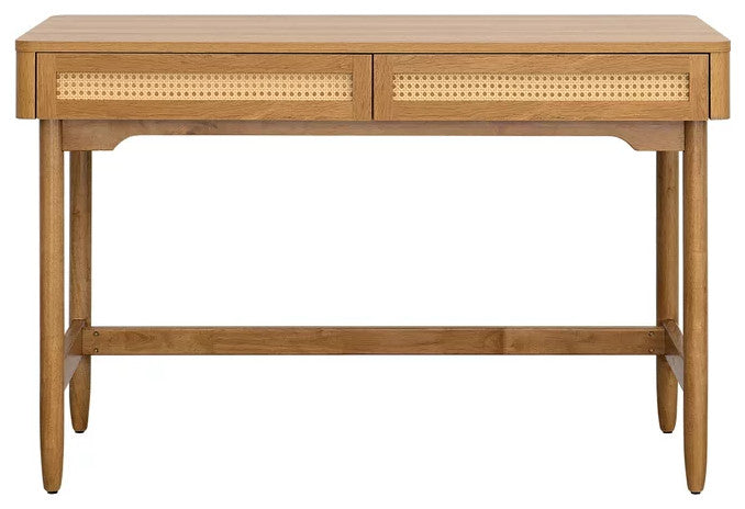 Modern Desk, Rubberwood Legs With Storage Drawers & Cut Out Pulls, Light Honey