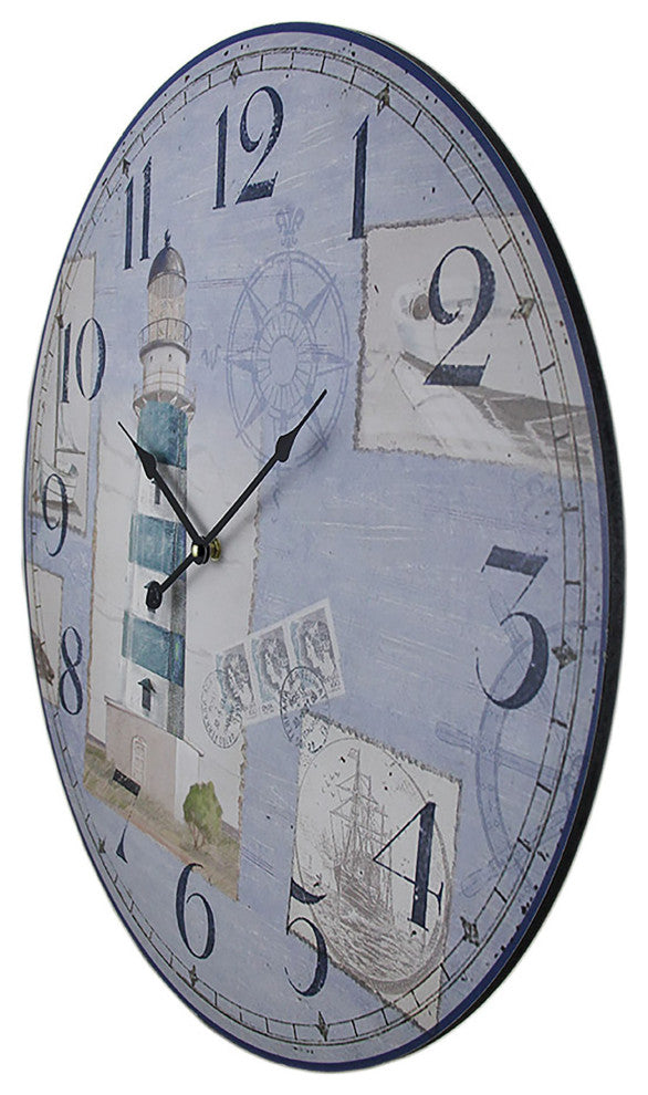 Blue and White Nautical Lighthouse Round Wooden Wall Clock