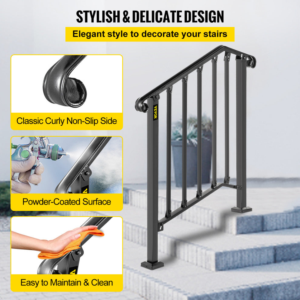 Wrought Iron Handrail Outdoor Stair Rail with Installation Kit, Black, Fit 2-3 Steps