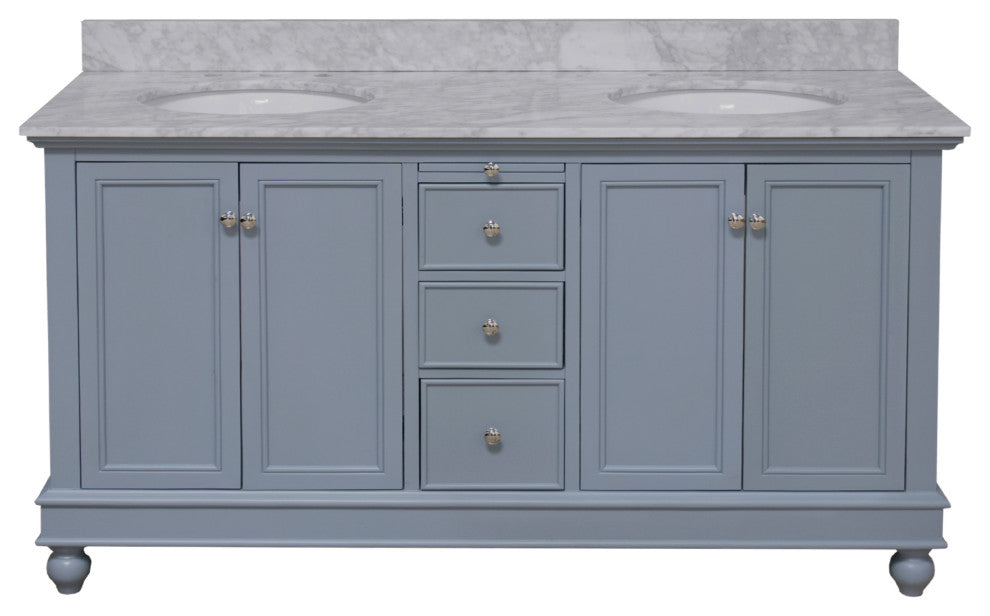 Bella 60" Bathroom Vanity, Powder Blue, Carrara Marble, Double Vanity