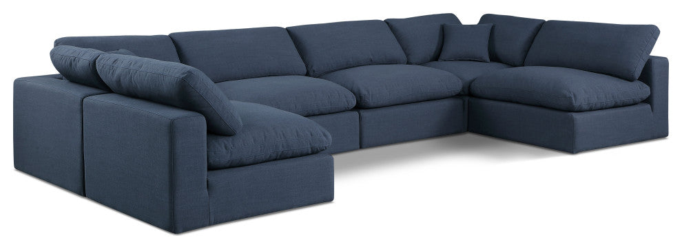 Comfy Upholstered U-Shaped Modular Sectional, Navy, 6-Piece: 4 Armless Chair, 2 Corner Chair, Linen Textured Fabric